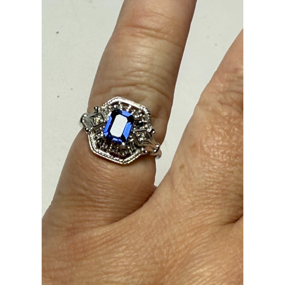 14K Art Deco Style White Gold Lab Created Blue Sapphire Ring 3.24grams Size 6.5 - Picture 5 of 9